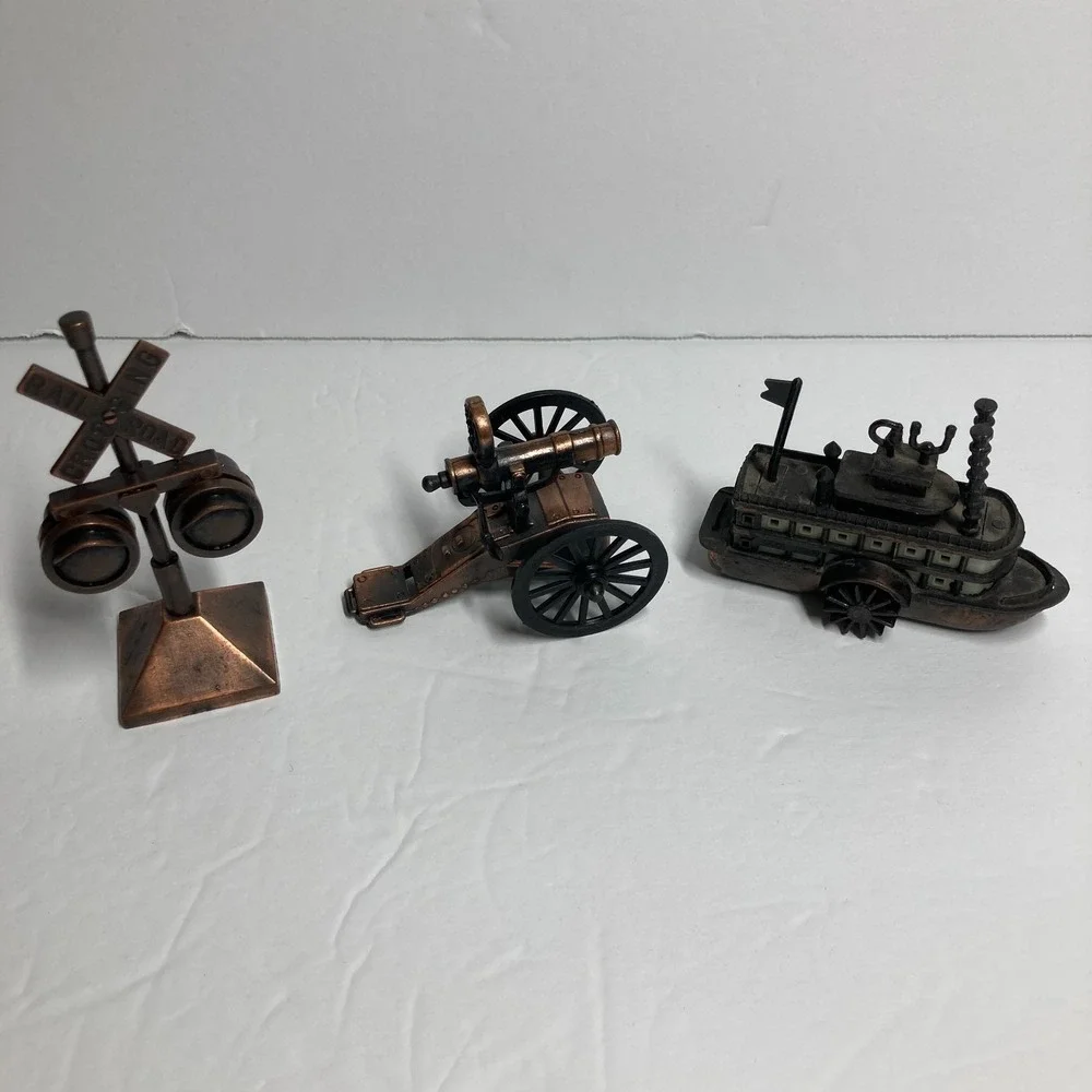Vintage Metal Pencil Sharpeners Lot‎ of 3 Cannon, Railroad Sign, Steamboat